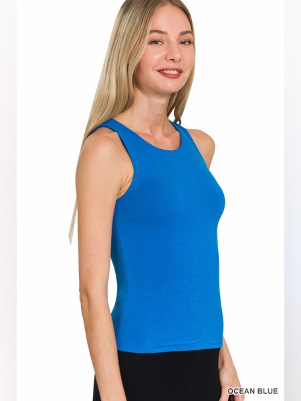Zenana Blue PREMIUM RAYON DOUBLE LAYERED ROUND NECK TANK TOP